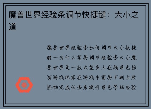 魔兽世界经验条调节快捷键：大小之道